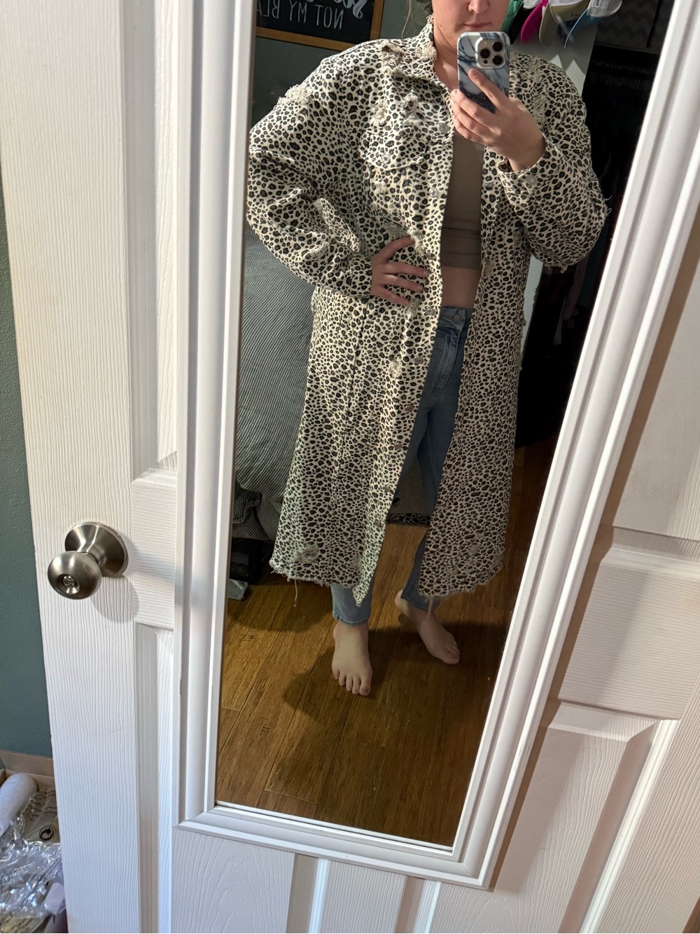 Leopard Print Distressed Longline Denim Jacket- Size 2XL